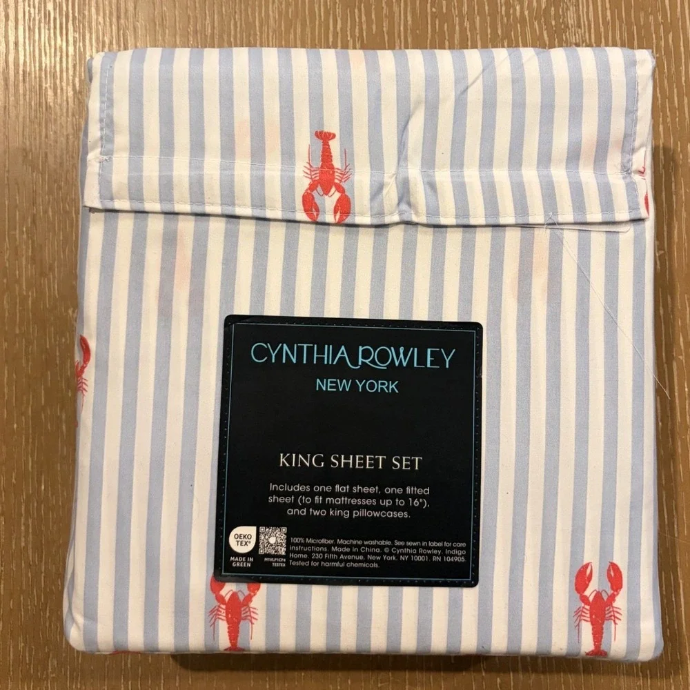 Cynthia Rowley King Sheet Set Blue White Stripe Red Lobster Coastal Nautical 4pc